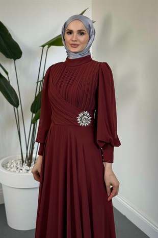 Angela Yanı Taş Detay Balon Kol Abiye Kiremit