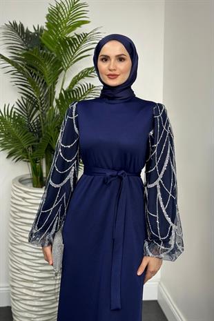 Angelica Kolları Simli Abiye Lacivert