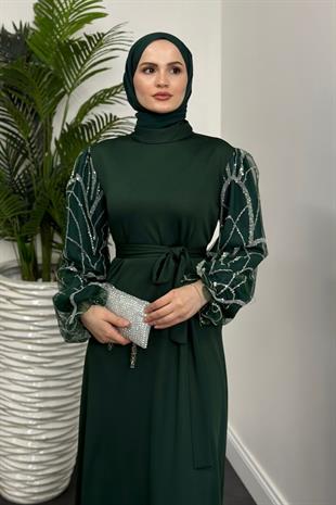 Angelica Kolları Simli Abiye Zümrüt