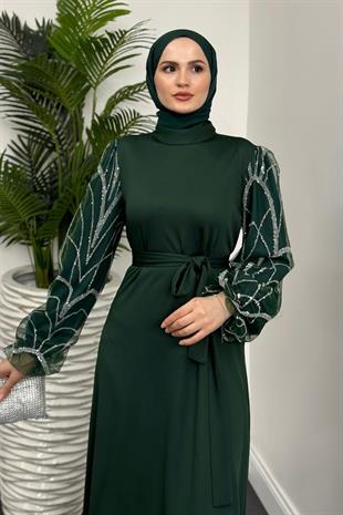 Angelica Kolları Simli Abiye Zümrüt