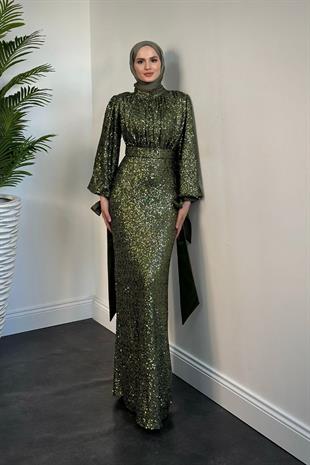Angeline Drape Detay Pul Payet Abiye Haki