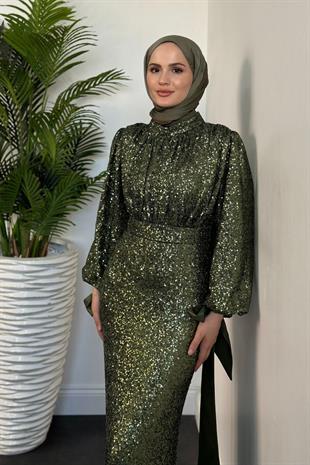 Angeline Drape Detay Pul Payet Abiye Haki