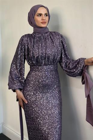 Angeline Drape Detay Pul Payet Abiye Lila