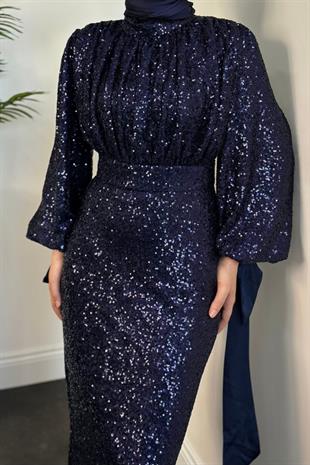 Angeline Drape Detay Pul Payet Abiye Lacivert