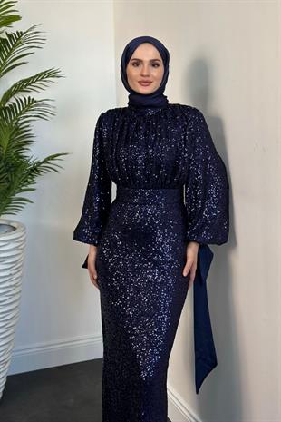 Angeline Drape Detay Pul Payet Abiye Lacivert