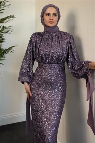 Angeline Drape Detay Pul Payet Abiye Lila