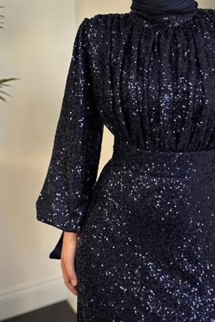 Angeline Drape Detay Pul Payet Abiye Lacivert