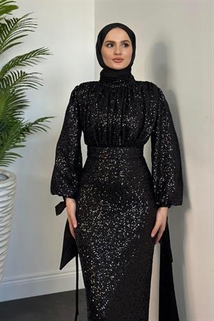 Angeline Drape Detay Pul Payet Abiye Siyah