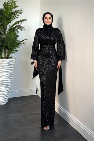 Angeline Drape Detay Pul Payet Abiye Siyah