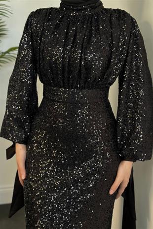 Angeline Drape Detay Pul Payet Abiye Siyah