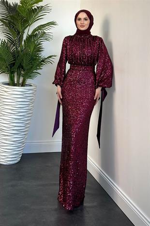 Angeline Drape Detay Pul Payet Abiye Vişne Çürüğü