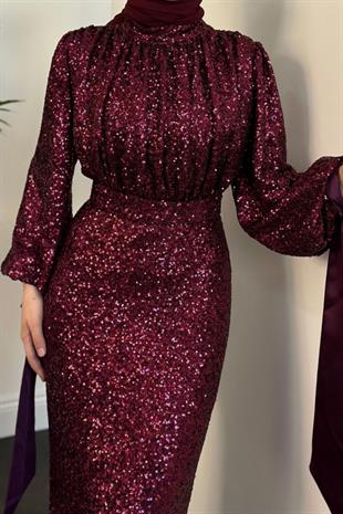 Angeline Drape Detay Pul Payet Abiye Vişne Çürüğü