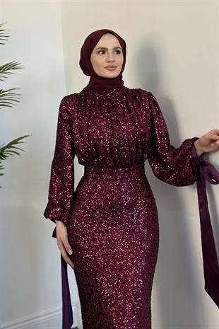 Angeline Drape Detay Pul Payet Abiye Vişne Çürüğü