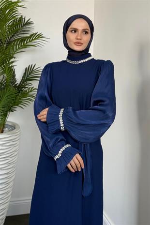 Anna Boynu ve Kolu Baget Taş İşlemeli Abiye Lacivert