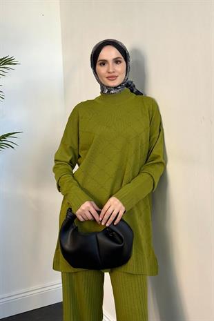 Annabella Baklava Desen Triko Takım Yağ Yeşili