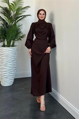 Annalisa Drape Krep Abiye Koyu Kahverengi