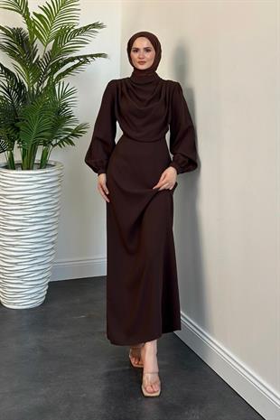 Annalisa Drape Krep Abiye Koyu Kahverengi