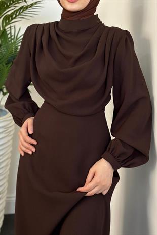 Annalisa Drape Krep Abiye Koyu Kahverengi