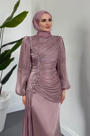 Ansel Yandan Taşlı Drapeli Janjan Abiye Rose