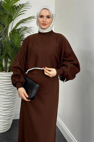 Ansley Crop Görünümlü Triko Elbise Kahverengi