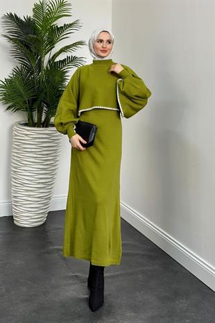 Ansley Crop Görünümlü Triko Elbise Yağ Yeşili