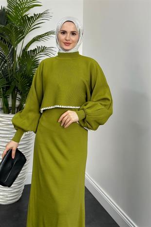 Ansley Crop Görünümlü Triko Elbise Yağ Yeşili