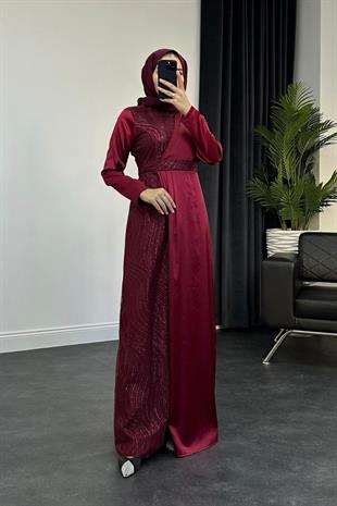 Antea Saten Simli Abiye Bordo