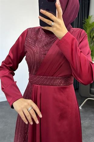 Antea Saten Simli Abiye Bordo