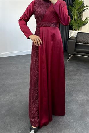 Antea Saten Simli Abiye Bordo