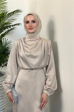 Antonella Zincir Kemer Saten Abiye Krem