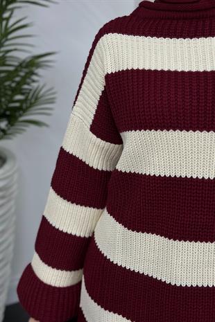 April Kalın Çizgili Kazak Bordo