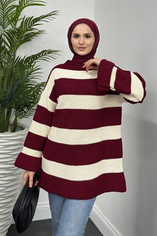 April Kalın Çizgili Kazak Bordo