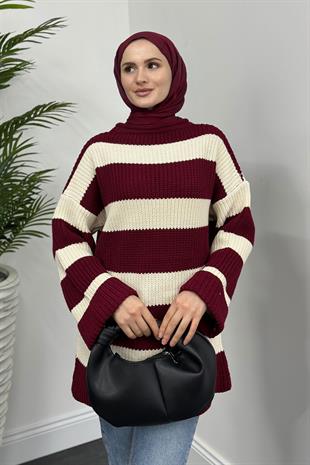 April Kalın Çizgili Kazak Bordo