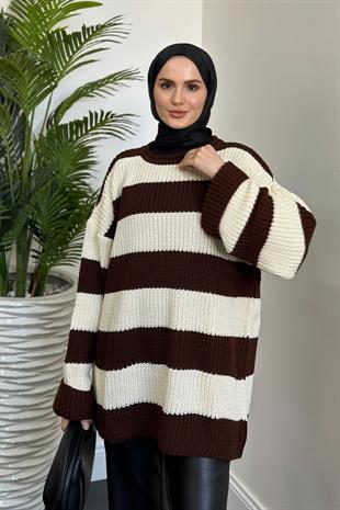 April Kalın Çizgili Kazak Kahverengi