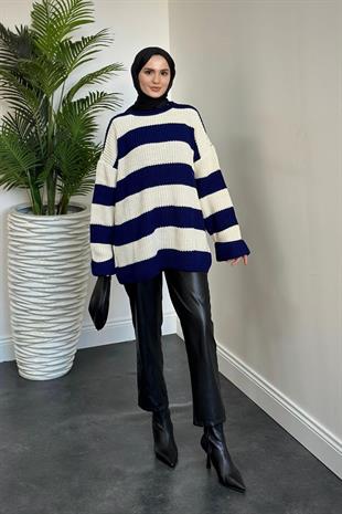 April Kalın Çizgili Kazak Lacivert