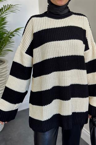 April Kalın Çizgili Kazak Siyah