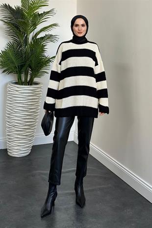 April Kalın Çizgili Kazak Siyah