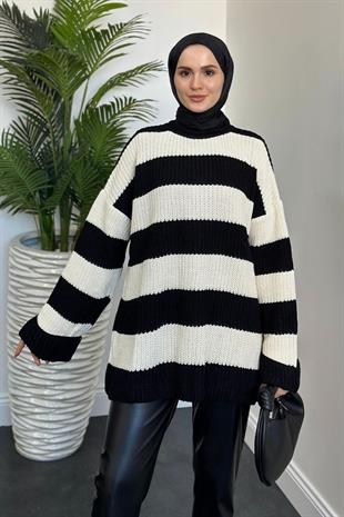 April Kalın Çizgili Kazak Siyah