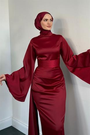 Arabella Pelerinli Saten Balık Abiye Bordo