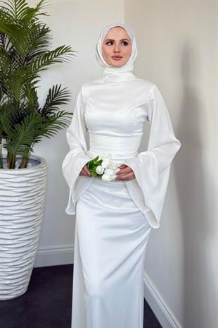 Arabella Pelerinli Saten Balık Abiye Beyaz