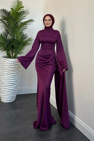 Arabella Pelerinli Saten Balık Abiye Mürdüm