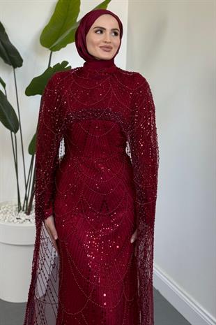 Ardina Pelerinli Boncuk İşlemeli Balık Abiye Bordo