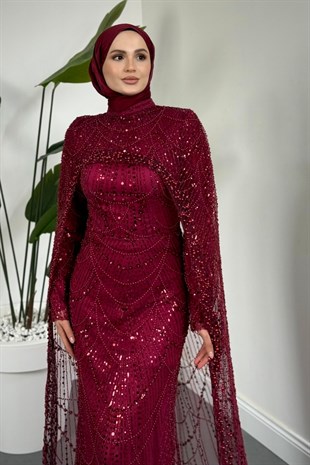Ardina Pelerinli Boncuk İşlemeli Balık Abiye Fuşya