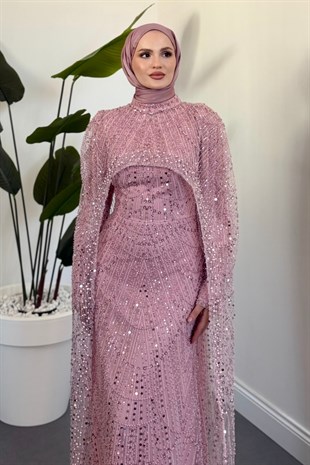 Ardina Pelerinli Boncuk İşlemeli Balık Abiye Pudra