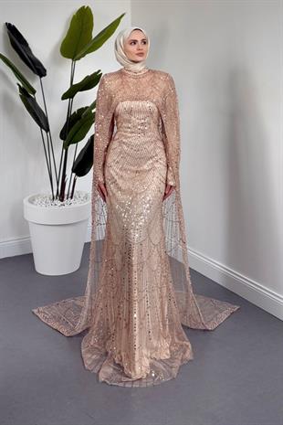 Ardina Pelerinli Boncuk İşlemeli Balık Abiye Gold