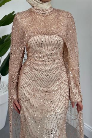 Ardina Pelerinli Boncuk İşlemeli Balık Abiye Gold