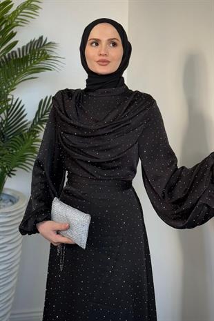 Areka Taşlı Kuyruklu Degaje Yaka Abiye Siyah