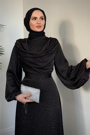 Areka Taşlı Kuyruklu Degaje Yaka Abiye Siyah