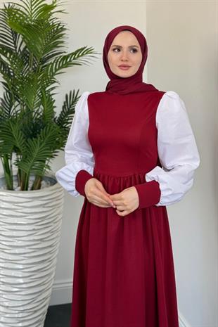 Aria Eteği Fırfırlı Elbise Bordo