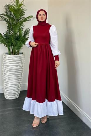 Aria Eteği Fırfırlı Elbise Bordo